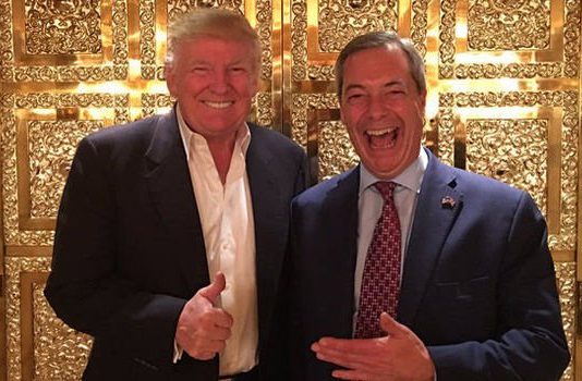 Donald Trump and Nigel Farage in a gold lift.