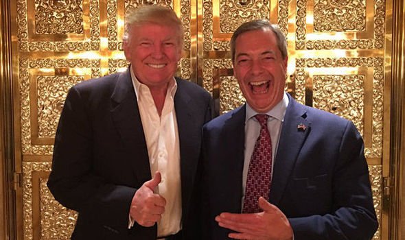 Donald Trump and Nigel Farage in a gold lift.